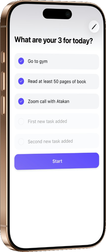 Tody planning screen: What are your 3 for today?